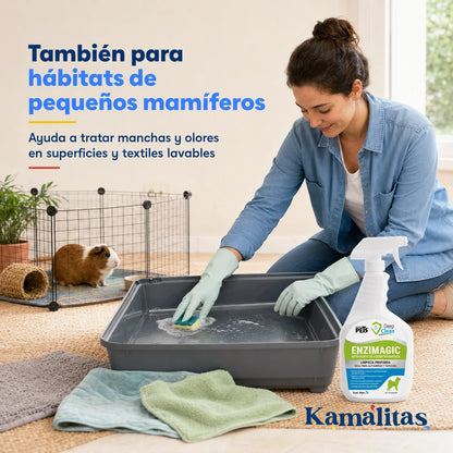 Tutora limpiando con Enzimagic el hábitat de un cuyo, apartado de forma segura durante la limpieza.