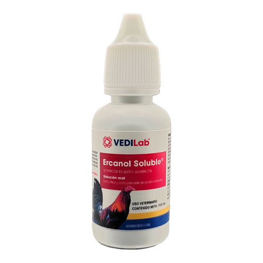 Frasco de 10 mL de Ercanol Soluble para aves, antibiótico y antiinflamatorio oral que combate infecciones respiratorias, digestivas y urinarias.