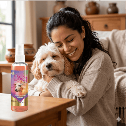 Una mujer sonríe feliz mientras abraza a su perrita limpia y esponjosa, disfrutando de su aroma fresco después del baño, en un hogar acogedor, vendiendo el beneficio de la colonia Crazy de Kamalitas.
