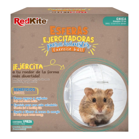 Empaque de la Esfera Ejercitadora RedKite para hámster, resaltando los beneficios de bienestar y los tres tamaños disponibles.
