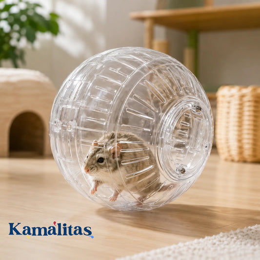 Hámster enano explorando en la Esfera Ejercitadora Transparente RedKite, ideal para ejercicio diario supervisado en pequeños roedores domésticos.