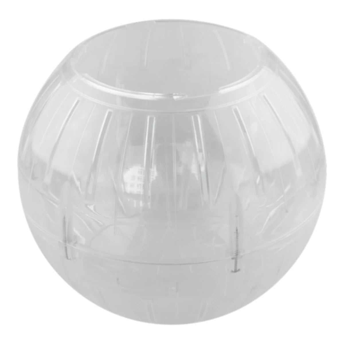 Vista detallada de la esfera transparente con ranuras de ventilación y sistema de tornillos para un ensamblaje seguro.