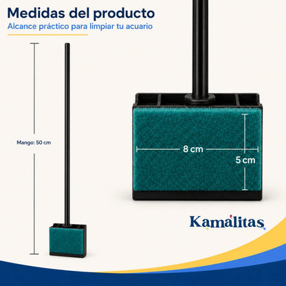 Medidas de la esponja limpiadora para acuario: mango de 50 cm y cabezal de 8 por 5 cm.