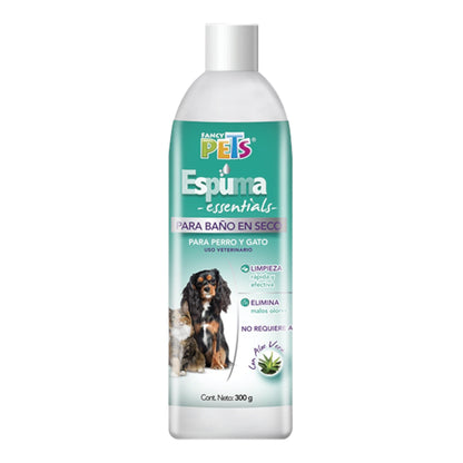 Envase original de Espuma Essentials Fancy Pets de 300g para baño en seco y limpieza rápida de perros y gatos sin usar agua, disponible en Kamalitas