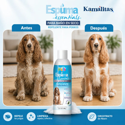 Comparativa antes y después de usar Espuma repelente para baño en seco Fancy Pets en presentación de 300 g, ideal para la limpieza rápida del pelaje y para ayudar a repeler pulgas en perros.