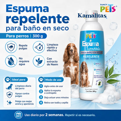 Infografía de Espuma repelente para baño en seco Fancy Pets en presentación de 300 g, ideal para la limpieza rápida y efectiva del perro y para ayudar a repeler pulgas sin necesidad de agua.