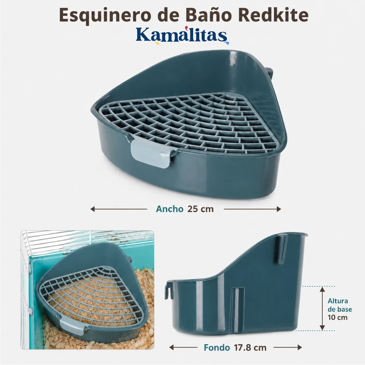 Imagen de medidas del esquinero de baño para pequeños mamíferos, diseñada para mostrar su tamaño y facilitar la elección del accesorio para la jaula.