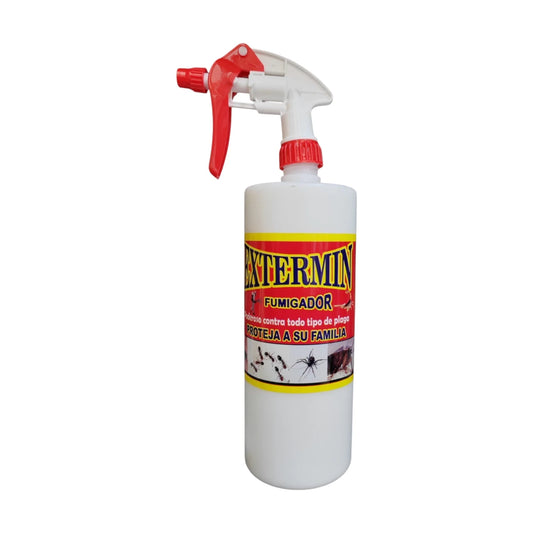 Envase de Extermin Fumigador insecticida piretroide de 1 litro, ideal para eliminar cucarachas, arañas y alacranes en interiores y exteriores.