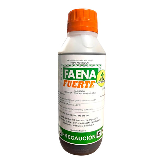 Envase de Faena Fuerte 360 herbicida agrícola con Glifosato y tecnología Transorb para control rápido y eficaz de malezas en cultivos de maíz, sorgo, soya y cítricos.