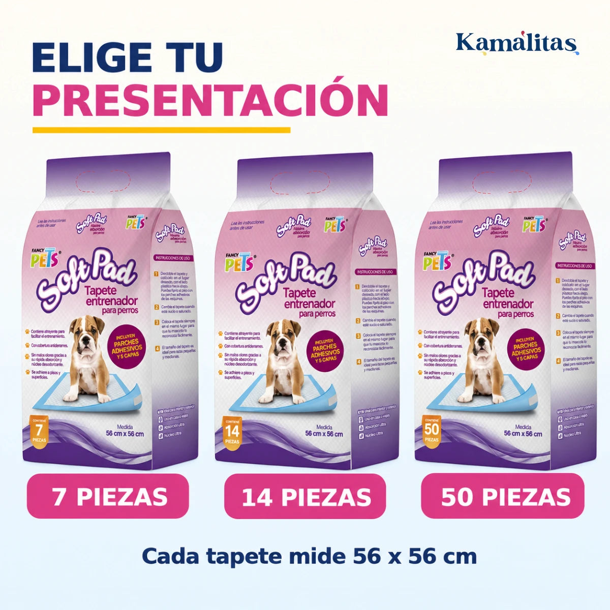 Medidas y presentaciones de fancy pets softpad, de 56 x 56cm