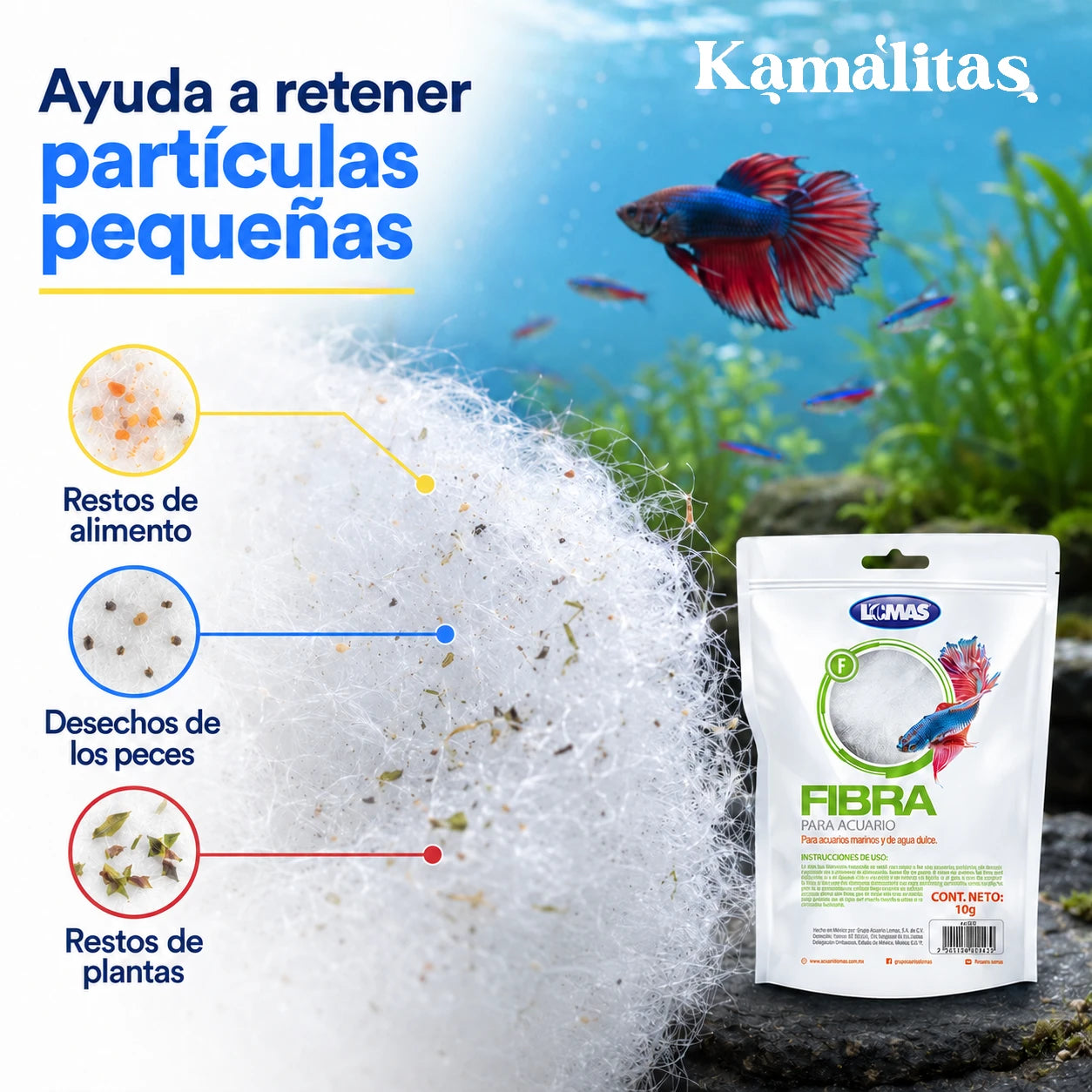 Fibra para acuario que ayuda a retener restos de alimento, desechos de los peces y pequeños restos de plantas.