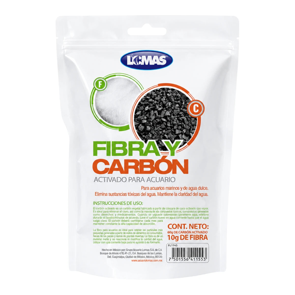 Bolsa Lomas con 60 g de carbón activado y 10 g de fibra filtrante para acuarios marinos y de agua dulce.