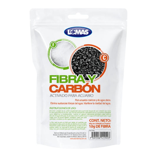 Bolsa Lomas con 60 g de carbón activado y 10 g de fibra filtrante para acuarios marinos y de agua dulce.