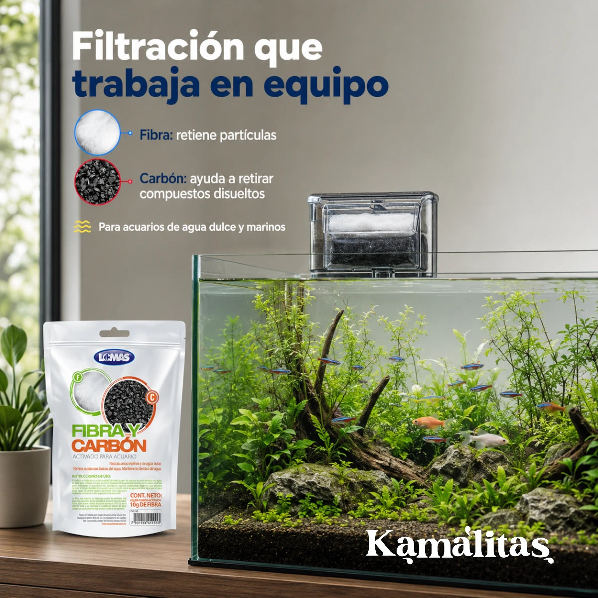 Fibra y carbón activado Lomas colocados en un filtro para ayudar a retener partículas y compuestos disueltos del agua del acuario.