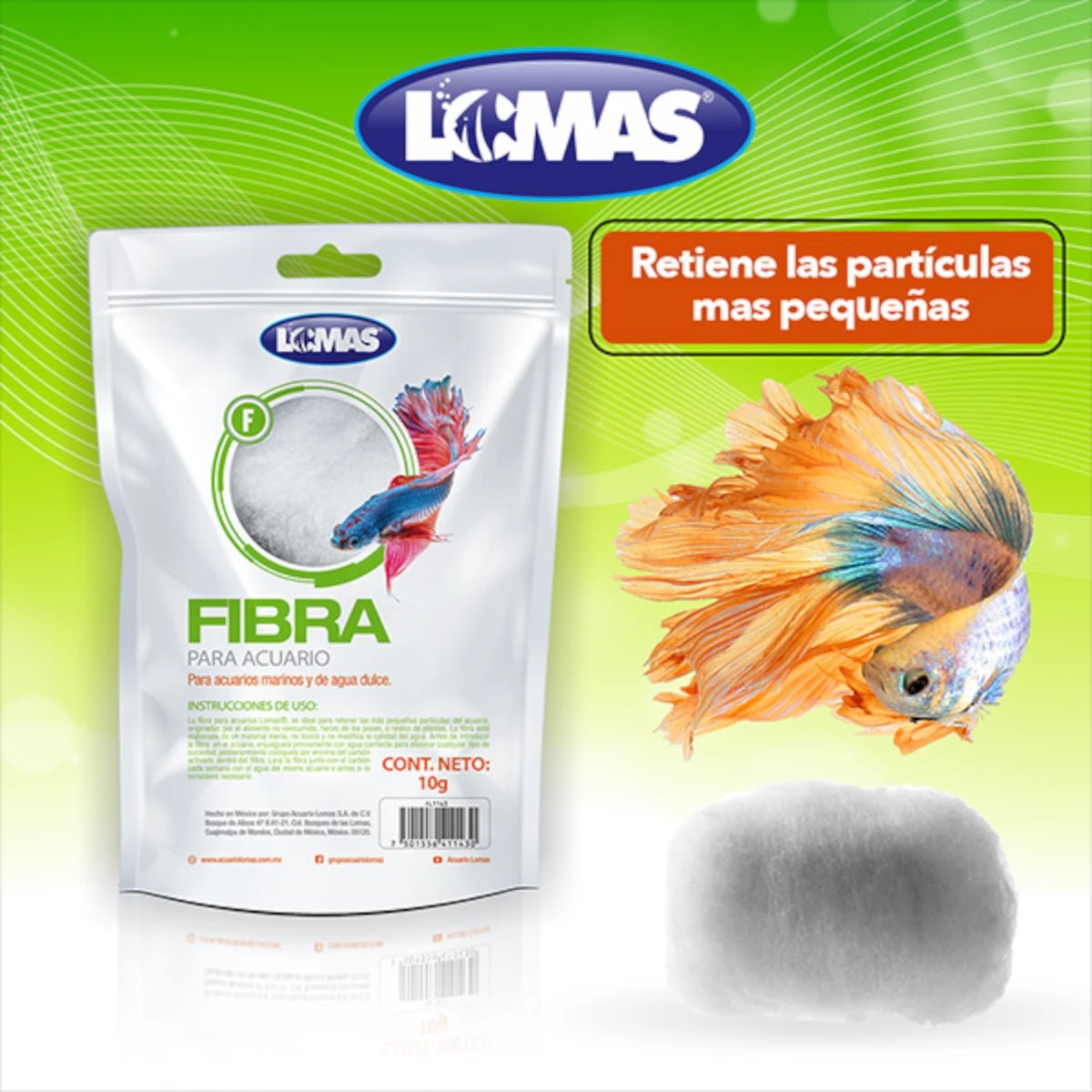 Infografía de fibra para acuario Lomas resaltando que retiene las partículas más pequeñas junto a un pez Betta naranja.