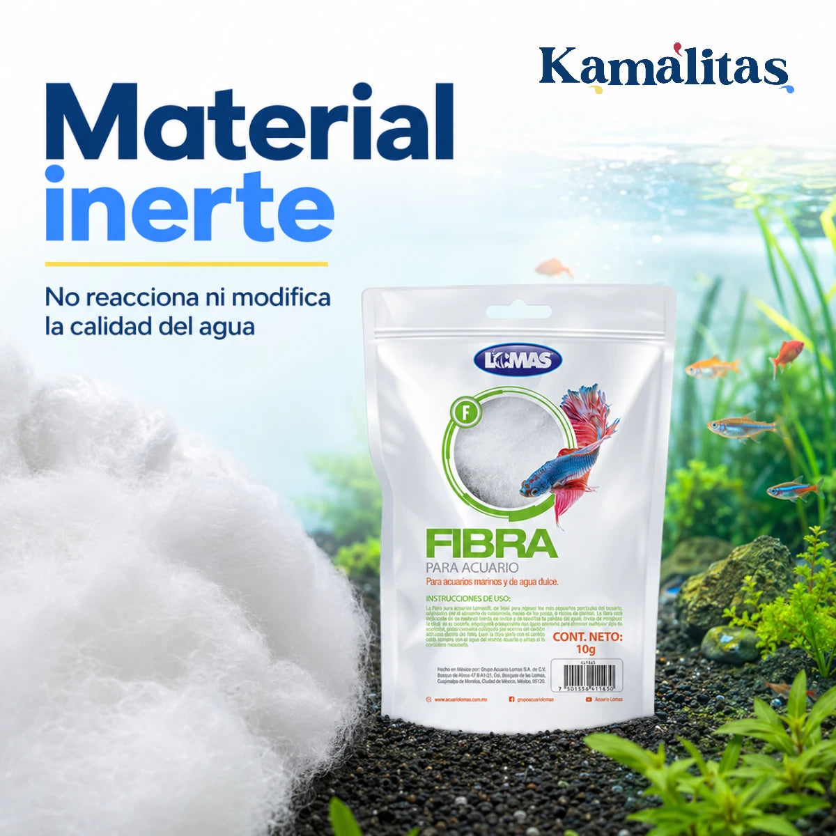 Fibra filtrante de material inerte que no reacciona ni modifica la calidad del agua del acuario.