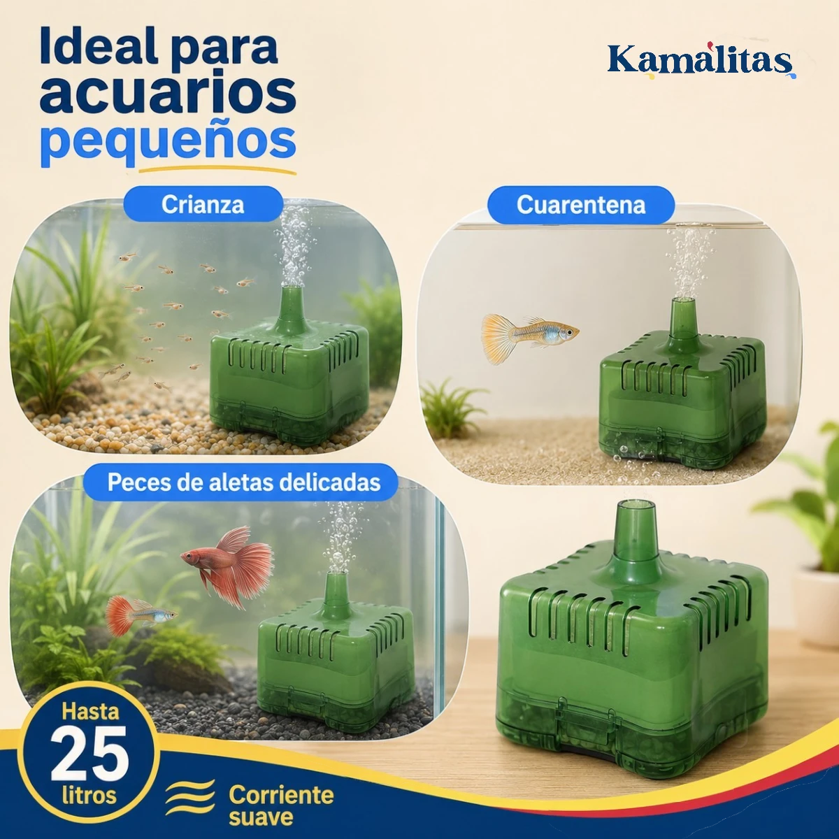 Filtro interno AquaJet 25 recomendado para acuarios de crianza, cuarentena y peces pequeños que necesitan una corriente suave