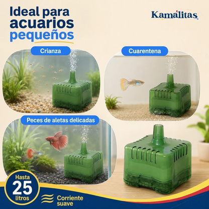 Filtro interno AquaJet 25 recomendado para acuarios de crianza, cuarentena y peces pequeños que necesitan una corriente suave