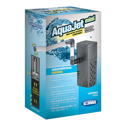 Empaque del filtro interno AquaJet Mini para acuarios de hasta 25 litros, detallando su potencia de 230 litros por hora y diseño sumergible.