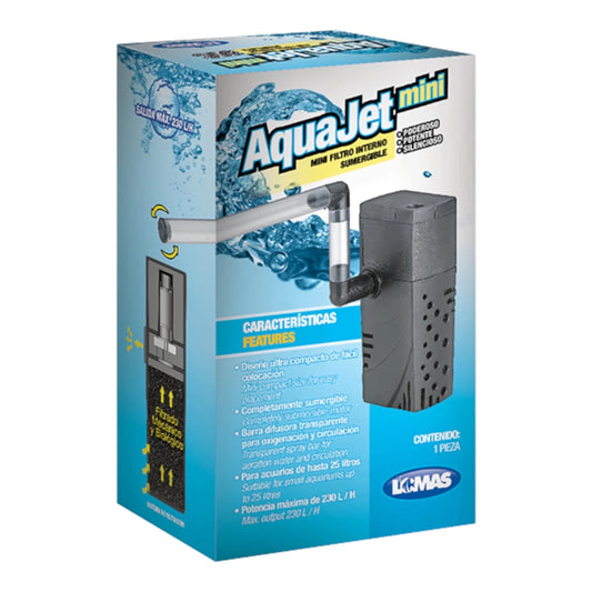 Empaque del filtro interno AquaJet Mini para acuarios de hasta 25 litros, detallando su potencia de 230 litros por hora y diseño sumergible.