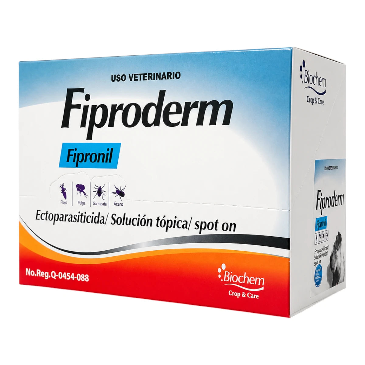 Caja colectiva de Fiproderm de Laboratorio Biochem con 12 pipetas de 0.67 mL, tratamiento antipulgas y garrapatas de uso mensual para perros de raza pequeña de 2 a 10 kg.