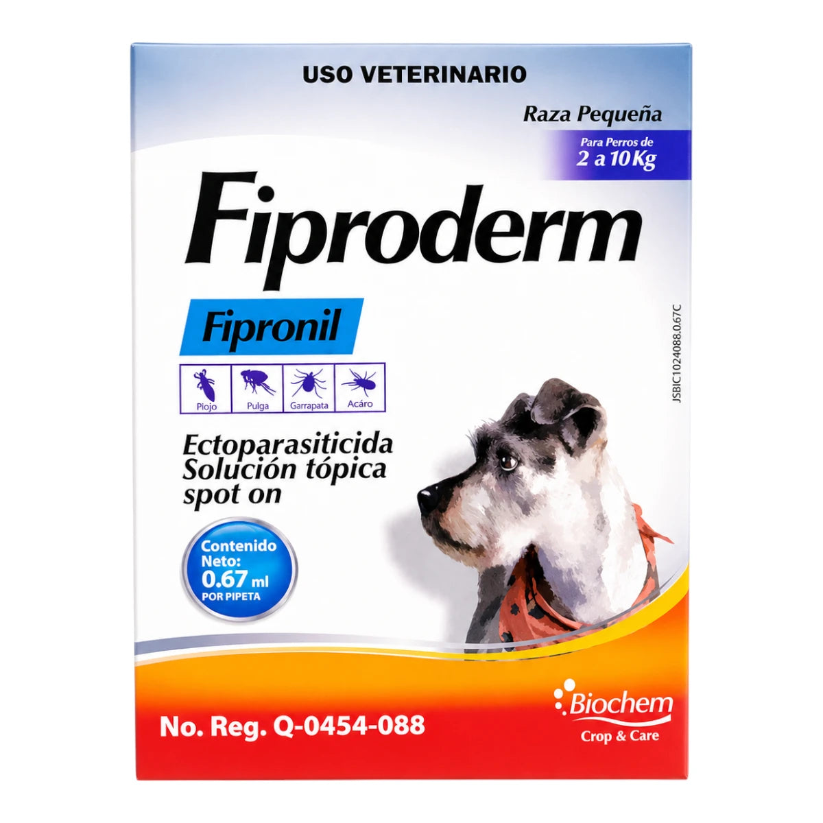 Presentacion individual Fiproderm de Laboratorio Biochem,  solución tópica spot on con Fipronil para la prevención y control de pulgas y garrapatas en perros de raza pequeña de 2 a 10 kg.