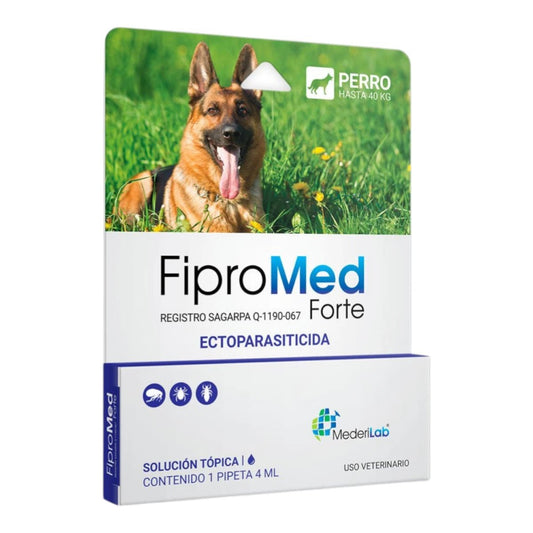 Caja de Fipromed Forte Pipeta para perros gigantes de hasta 40 kg, solución tópica para el control de pulgas, garrapatas y piojos.