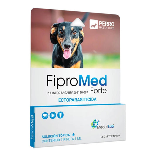Caja de Fipromed Forte Pipeta para perros de hasta 10 kg, solución tópica ectoparasiticida contra pulgas, garrapatas y piojos.