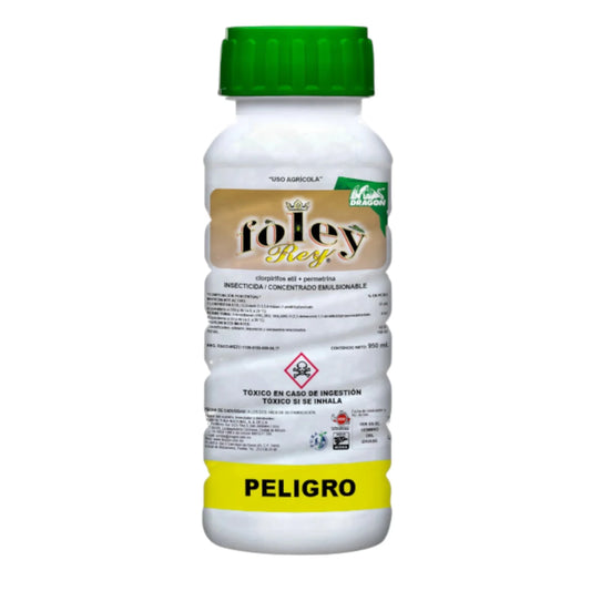 Envase de Foley Rey insecticida agrícola con Clorpirifos Etil y Permetrina para control de plagas en maíz, chile, jitomate y sorgo.