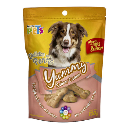 Empaque de galletas para perro Yummy sabor carne de 97g, resaltando que son galletas crujientes fortificadas y recomendadas para el control de peso.