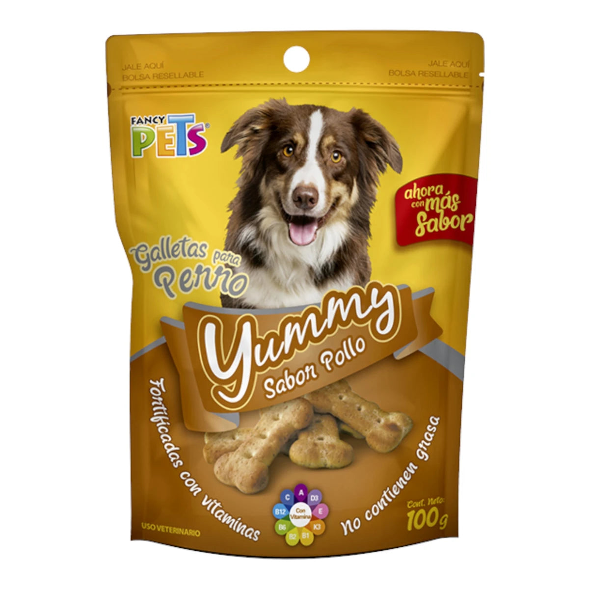 Bolsa de galletas para perro Yummy sabor pollo de 97g, destacando que son galletas crujientes fortificadas con vitaminas y sin grasa.