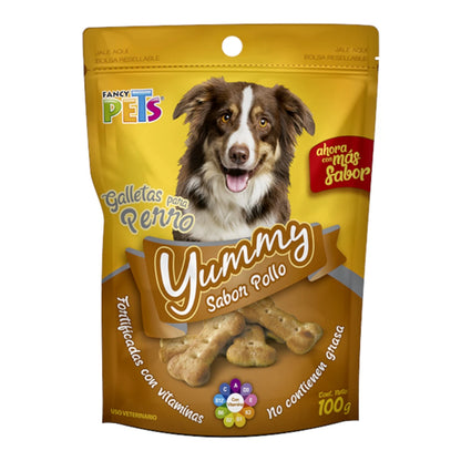 Bolsa de galletas para perro Yummy sabor pollo de 97g, destacando que son galletas crujientes fortificadas con vitaminas y sin grasa.