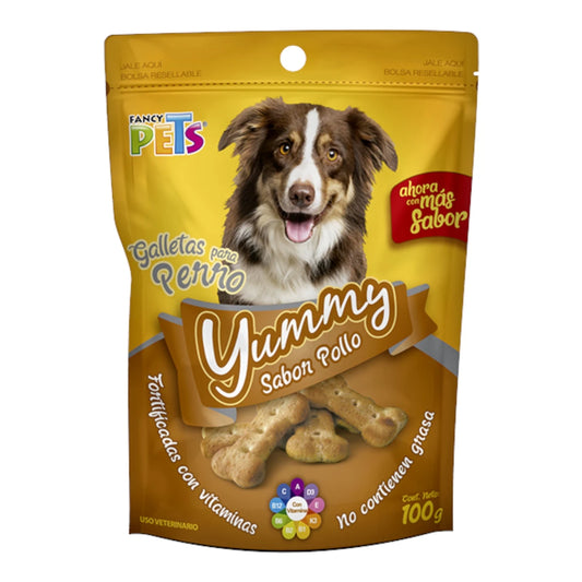 Bolsa de galletas para perro Yummy sabor pollo de 97g, destacando que son galletas crujientes fortificadas con vitaminas y sin grasa.