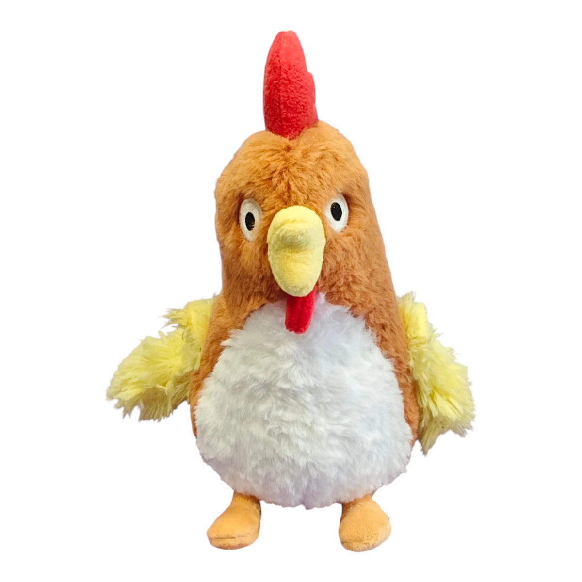 Juguete de peluche para perro en forma de gallina marca Sharpaw con detalles en rojo y amarillo, fabricado en poliéster resistente, en Kamalitas.