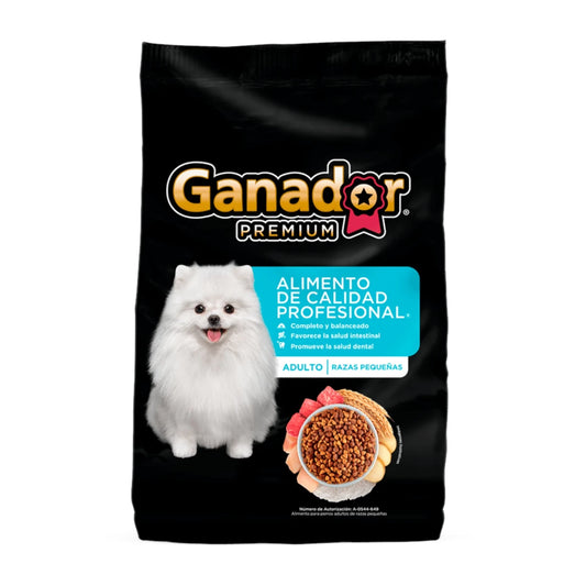 Saco de alimento Ganador Premium para perros adultos de razas pequeñas, enfocado en la salud dental, intestinal y el fortalecimiento del sistema inmune.