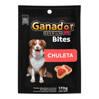 Empaque de 170g de Premios Bites de Chuleta Ganador Premium para perros, mostrando la marca, el sabor chuleta y las características principales del snack, en Kamalitas.