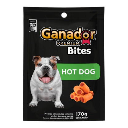 Empaque de 170g de Premios Bites de Hot Dog Ganador Premium para perros, mostrando la marca, el sabor hot dog y las características principales del snack, en Kamalitas