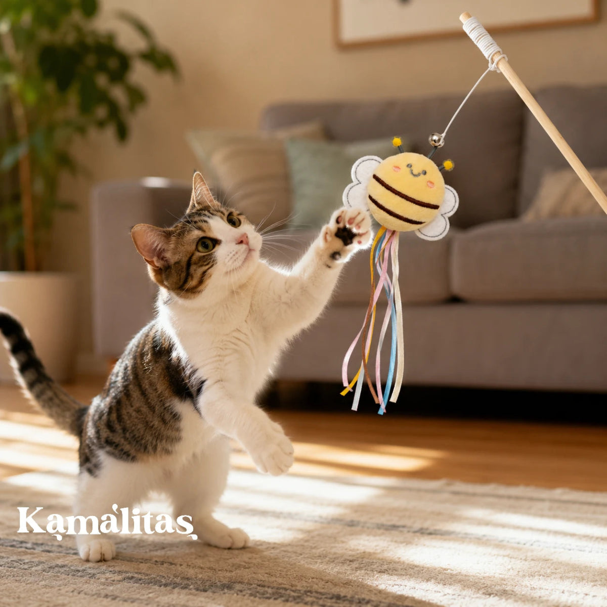 Gatito jugando en casa con varita interactiva para gatos con abeja de peluche y listones de colores.