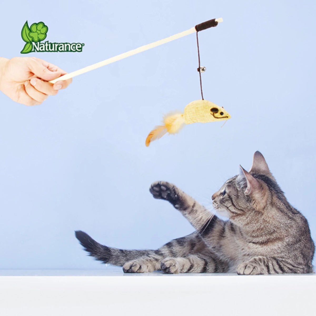 Gato atigrado estirándose para alcanzar el señuelo de ratón con plumas de la caña interactiva Naturance durante una sesión de juego.