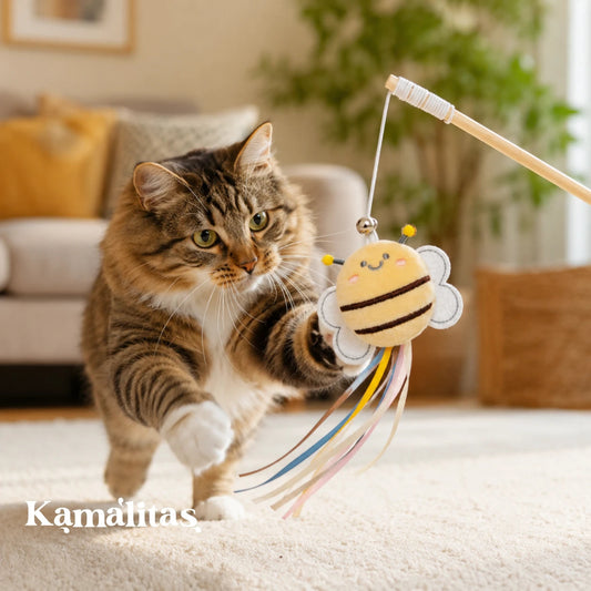Gato jugando con varita de madera con abeja de peluche, cascabel y listones, juguete interactivo para gatos.