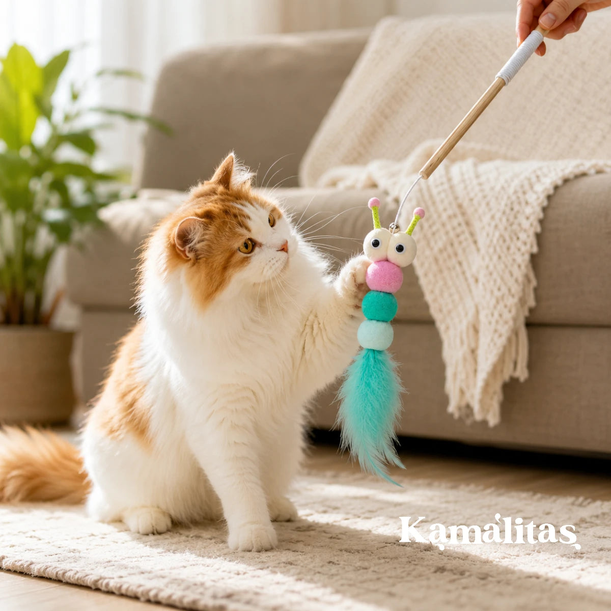 Gato blanco y naranja jugando con varita interactiva con peluche y plumas, juguete para gatos que ayuda a mantenerlos activos y entretenidos, disponible en Kamalitas.