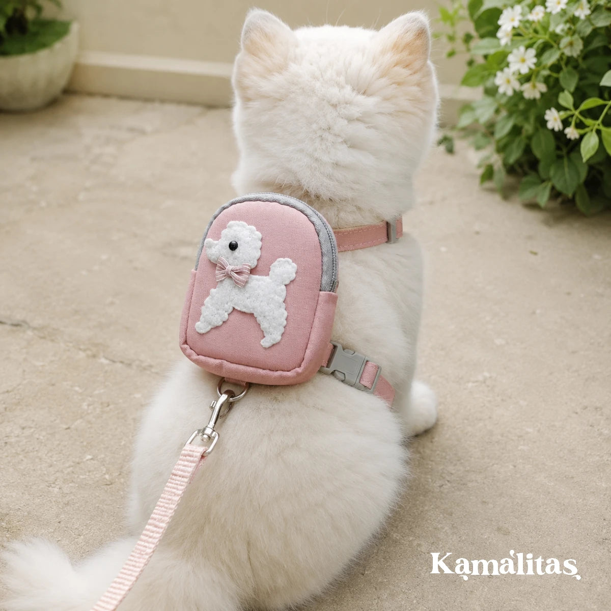 Gato pequeño usando arnés con mochila rosa y correa a juego, ideal para paseos seguros con ajuste en cuello y panza