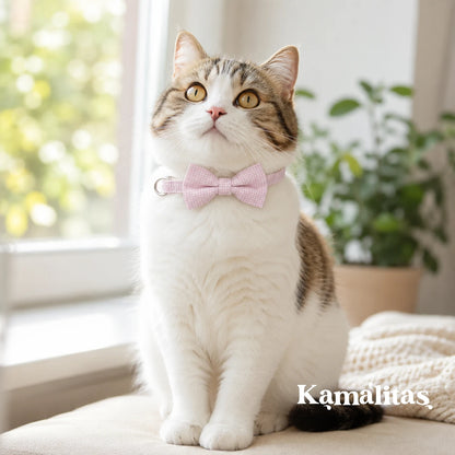 Gato usando collar con moño rosa, accesorio ajustable de tela para gatos y perros pequeños con broche de liberación rápida, disponible en Kamalitas.