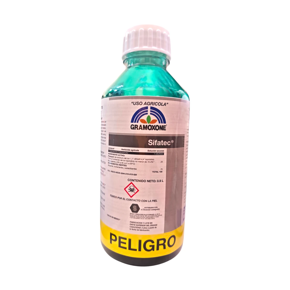 Envase del herbicida Gramoxone con paraquat 25%, eficaz contra malezas en cultivos de maíz, jitomate, frutales y hortalizas.