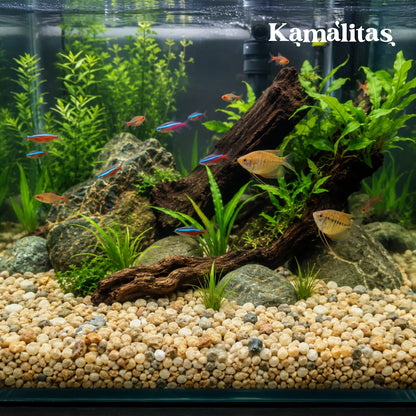 Acuario decorado con troncos, rocas y sustrato de grava de grano grueso natural Lomas, en Kamalitas.