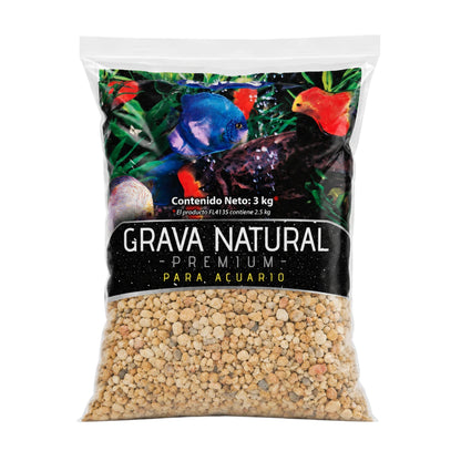 Empaque de Grava Natural Premium de grano grueso marca Lomas de 3 kilogramos para acuarios, en Kamalitas.