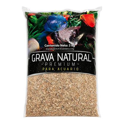 Empaque oficial de la Grava para Acuario Lomas Grano Medio de tres kilogramos con fondo blanco, en Kamalitas.