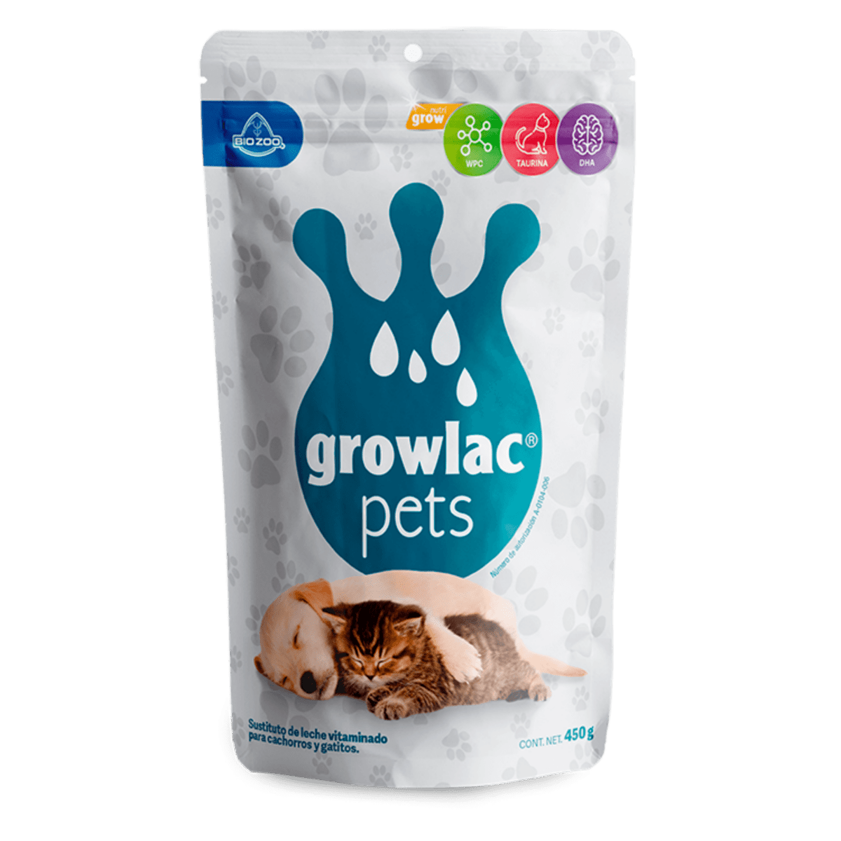 Bolsa de Growlac, leche en polvo para cachorros y gatitos, ideal para mascotas en crecimiento, mamás lactantes o en recuperación.