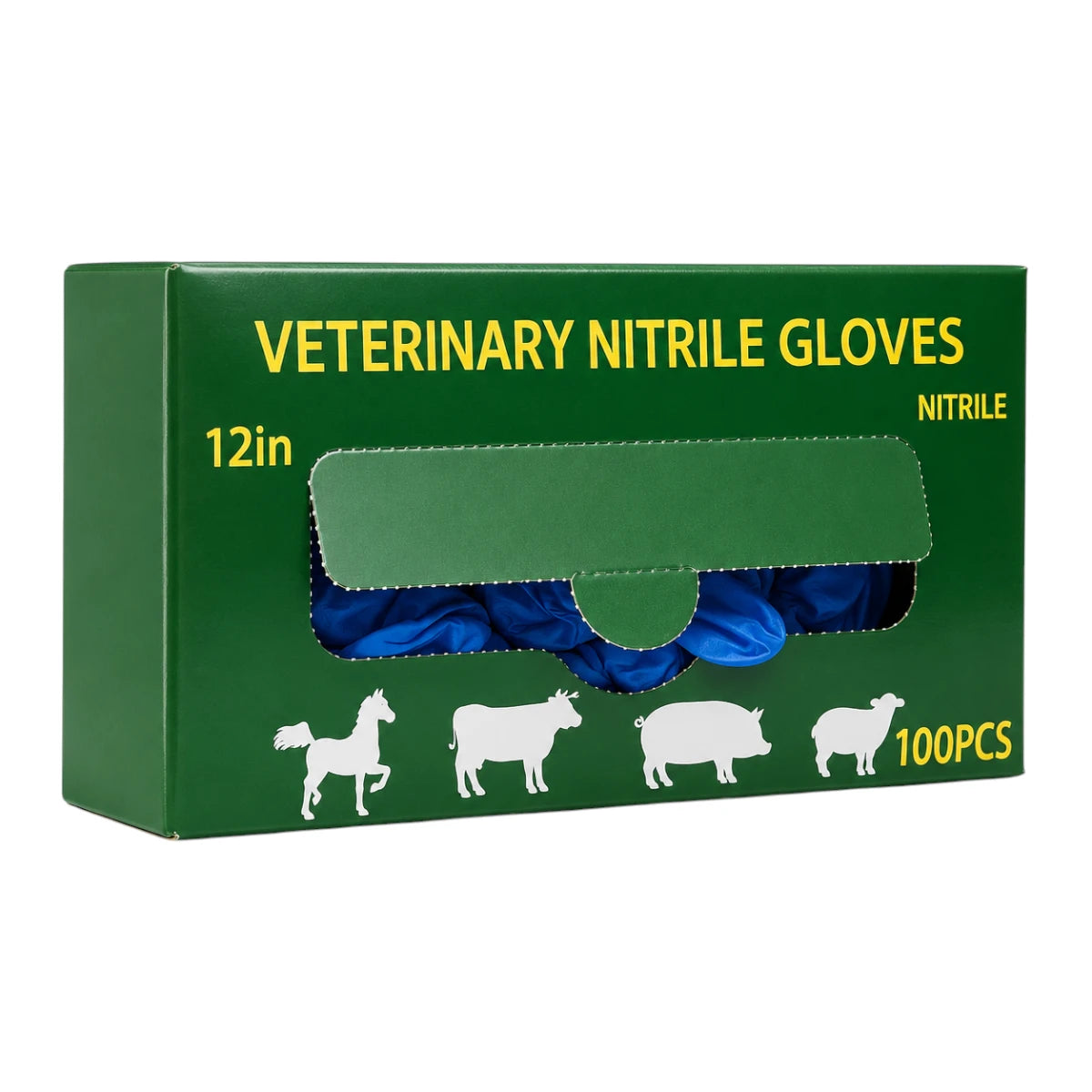 Caja verde de empaque original de guantes veterinarios de nitrilo de 12 pulgadas y 100 piezas, mostrando siluetas blancas de un caballo, vaca, cerdo y borrego, en Kamalitas.