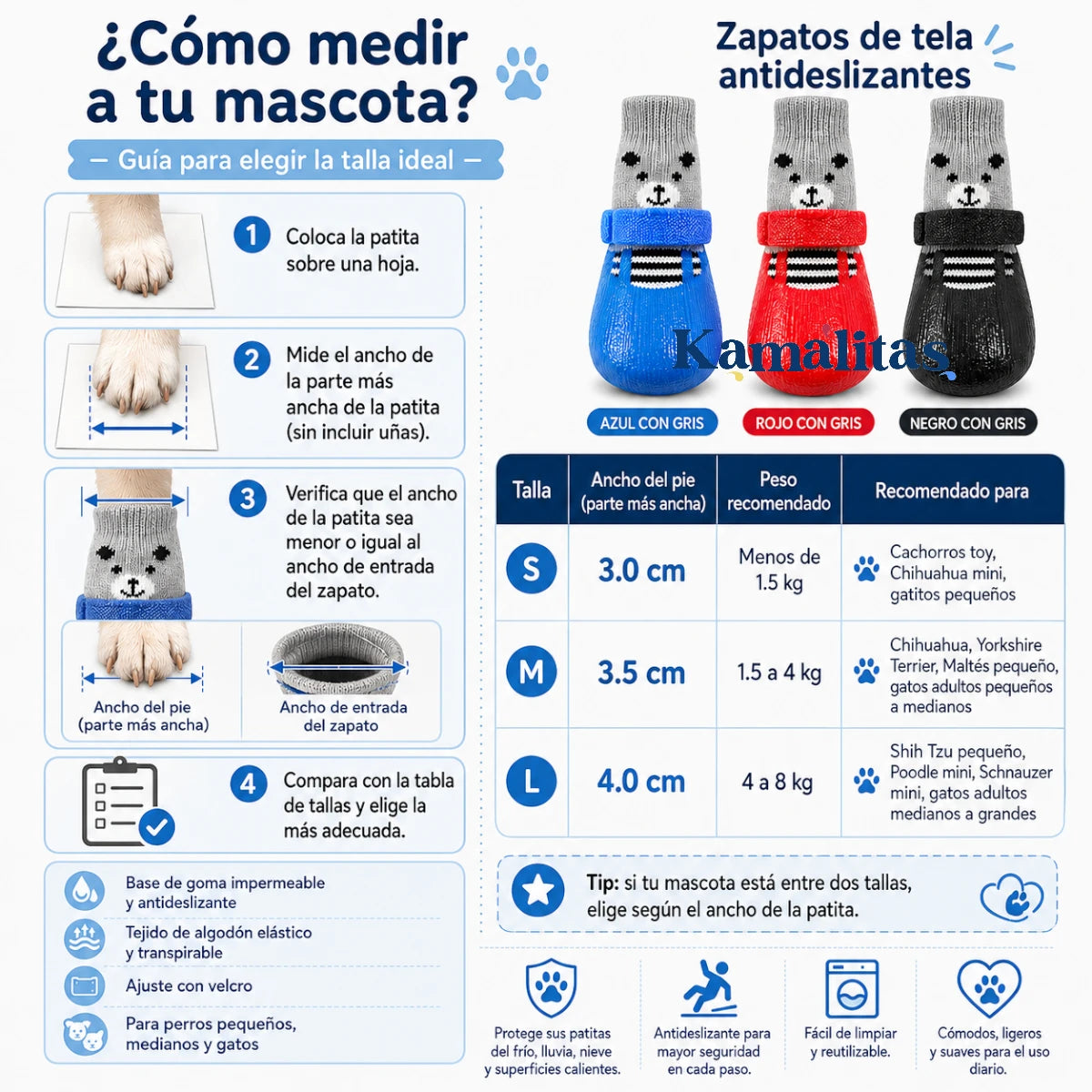 Guía de tallas de zapatos de tela antideslizantes para mascotas con medidas del ancho del pie, peso recomendado y razas sugeridas para perros pequeños y gatos.